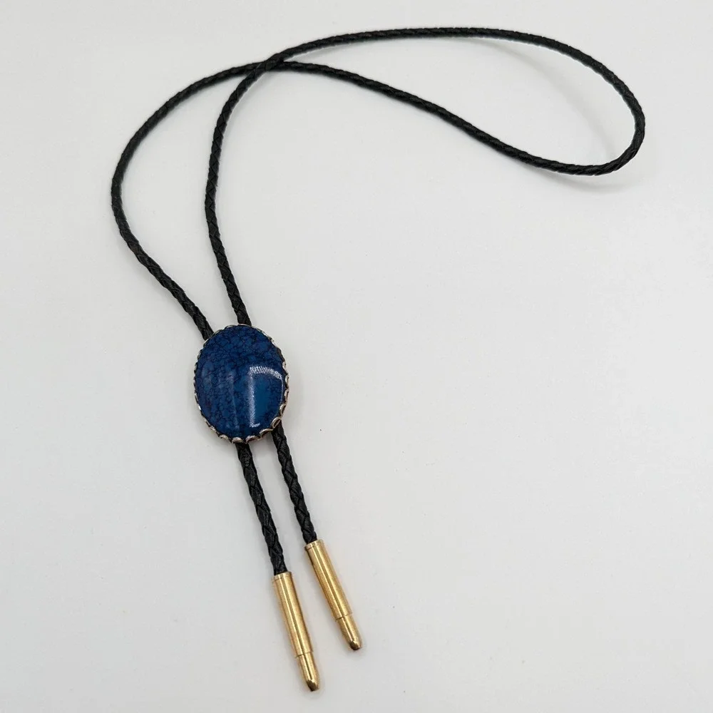 Vintage Western Bolo Tie Blue Faux Turquoise Oval Gold Silver Tone Black Cord‎